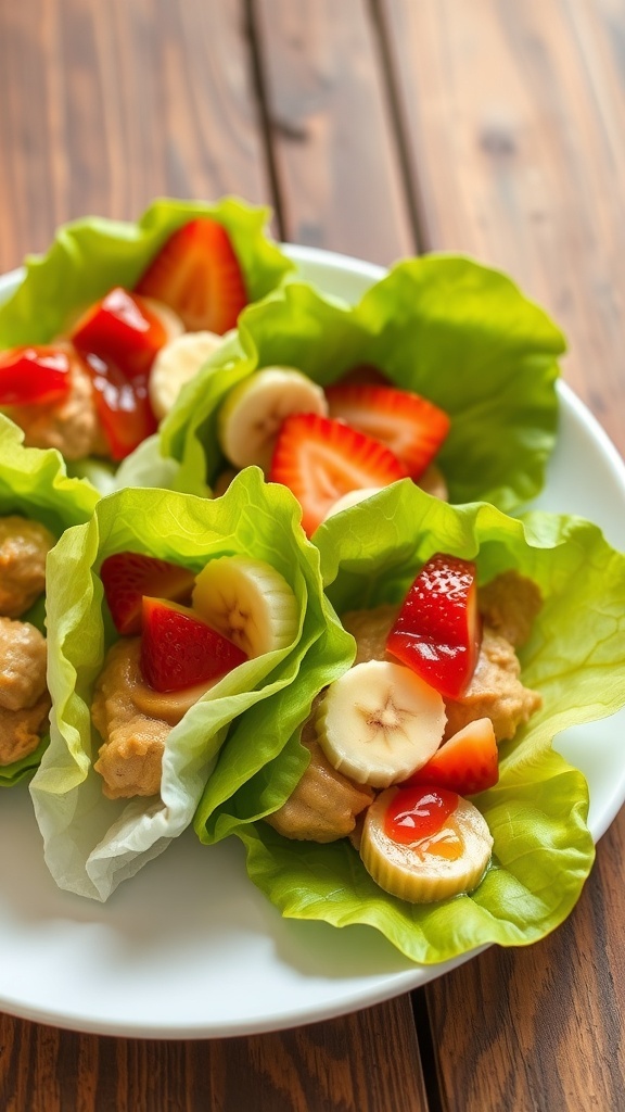 Peanut Butter and Jelly Lettuce Wraps Peanut butter and jelly lettuce wraps on a plate, filled with peanut butter and jelly, garnished with fruit slices.